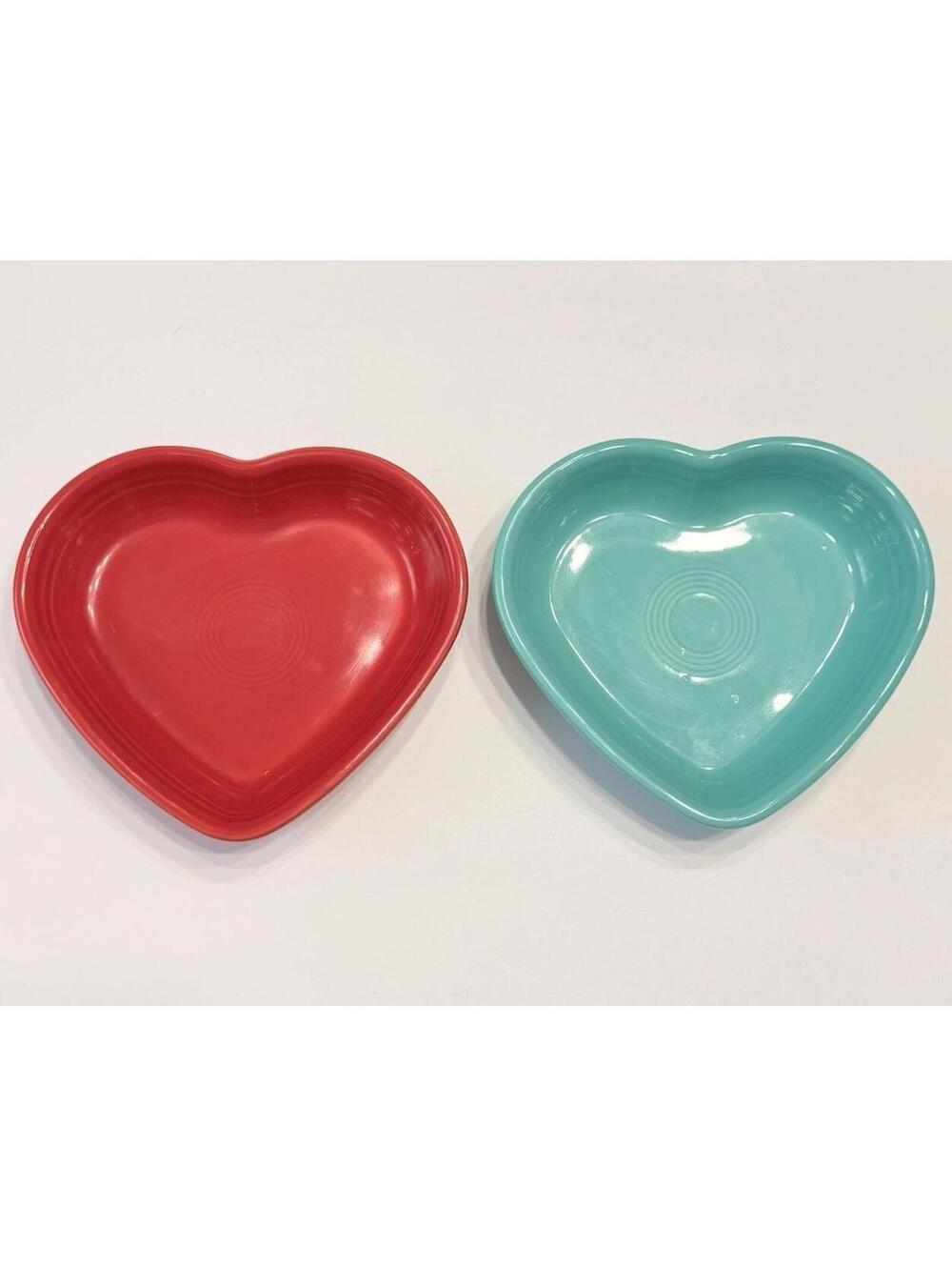 Fiesta Heart Bowls Lot of 2 Medium 7.5" Scarlet Red & Turquoise Blue Ceramic USA
